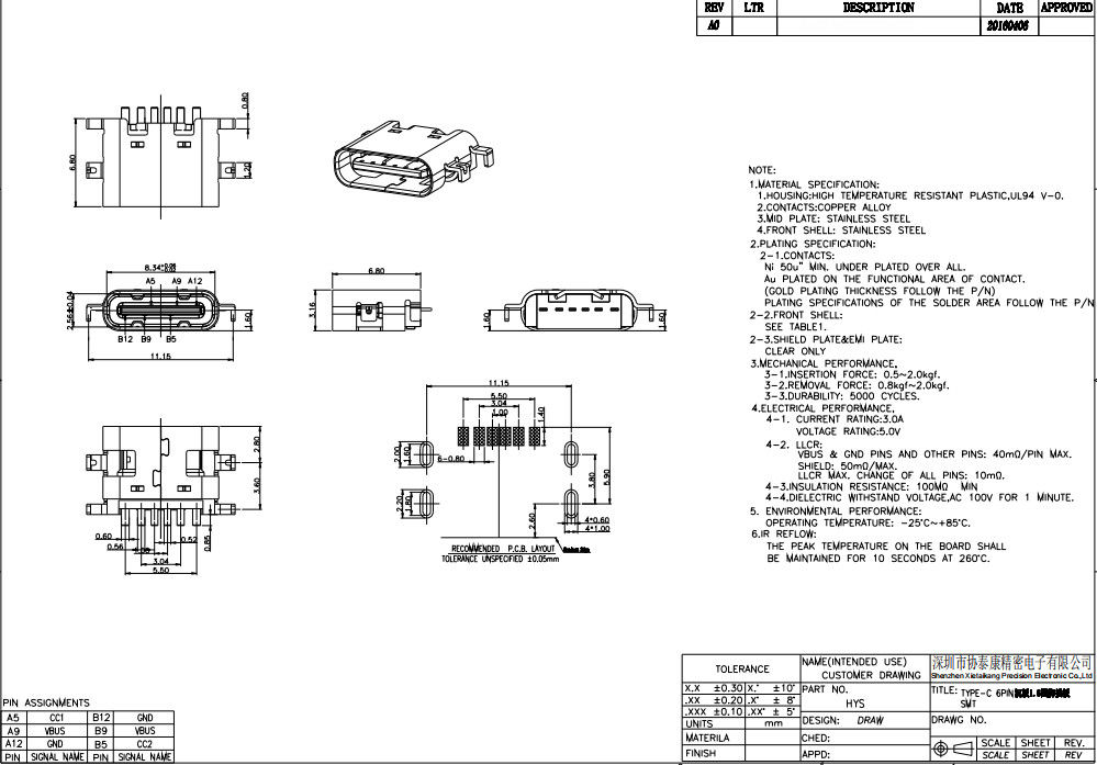 6 het Type C van speldusb Dalend de Plaatwijfje 0.8MM 3.1mm van PCB van de Schakelaarscontactdoos